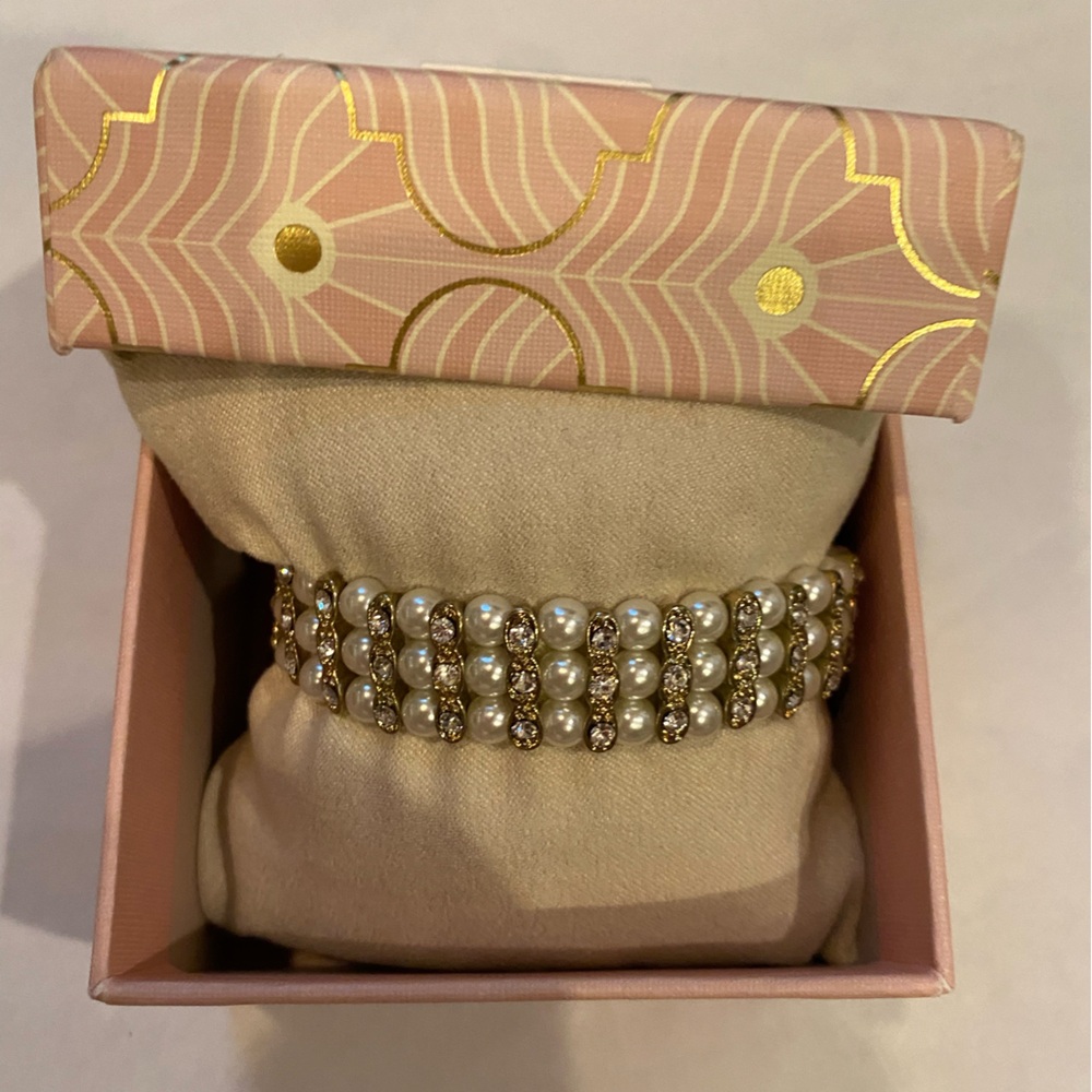 House of Harlow Pearl beaded + rhinestone 3 strand stretch bracelet